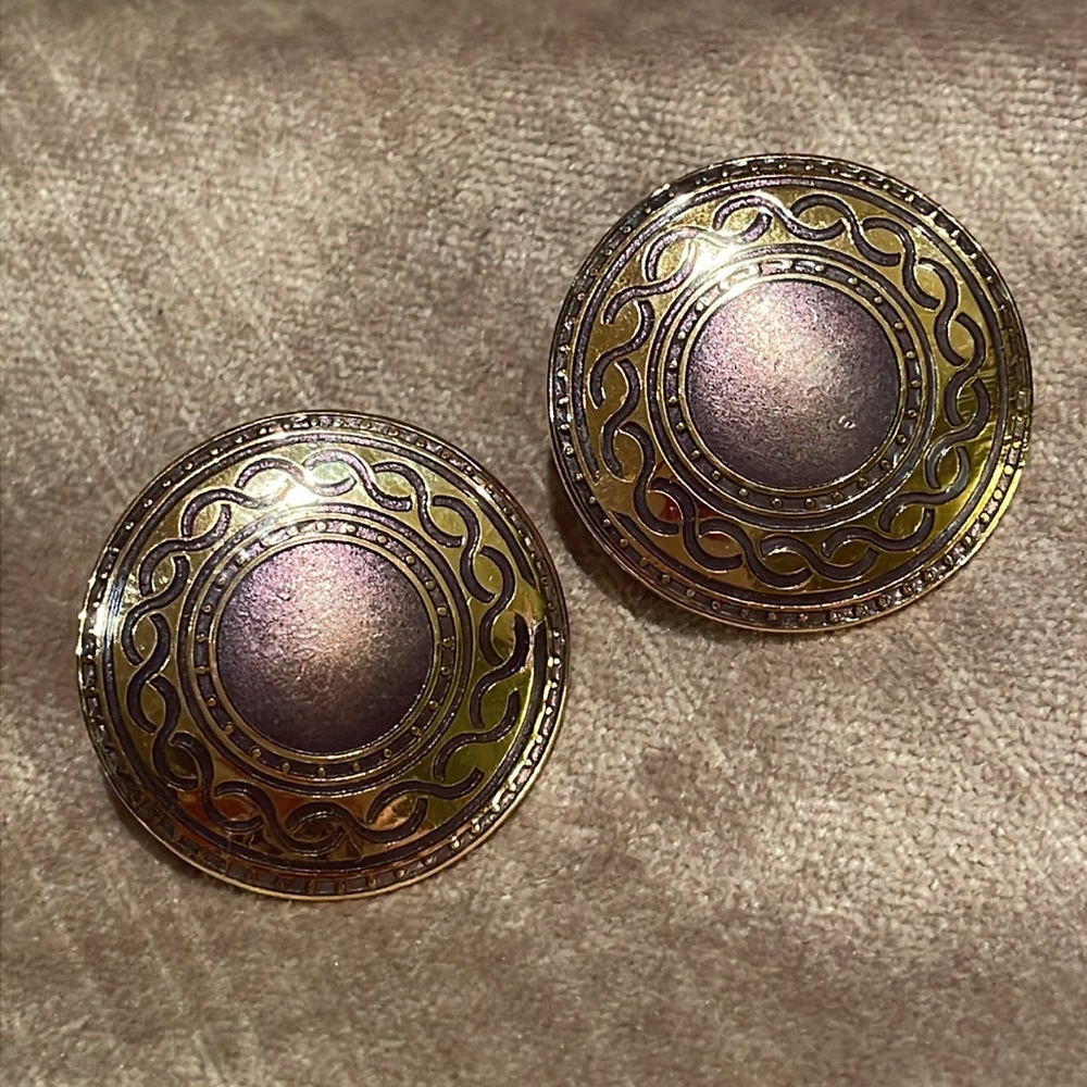Gold & Purple Shield Roman or Greek Style Earrings